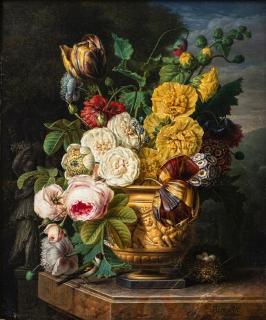 View full screen - View 1 of Lot 39. Still Life with a Bouquet of Flowers and a Nest.