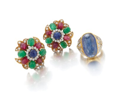 View full screen - View 1 of Lot 75. Pair of gem-set and diamond earclips and a sapphire and diamond ring (Paio di orecchini con pietre di colore e diamanti e anello con zaffiro e diamanti).