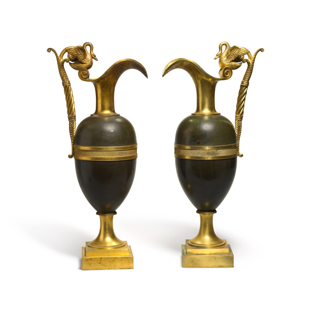 View full screen - View 1 of Lot 172. A pair of large Empire gilt and patinated bronze ewers, circa 1810.