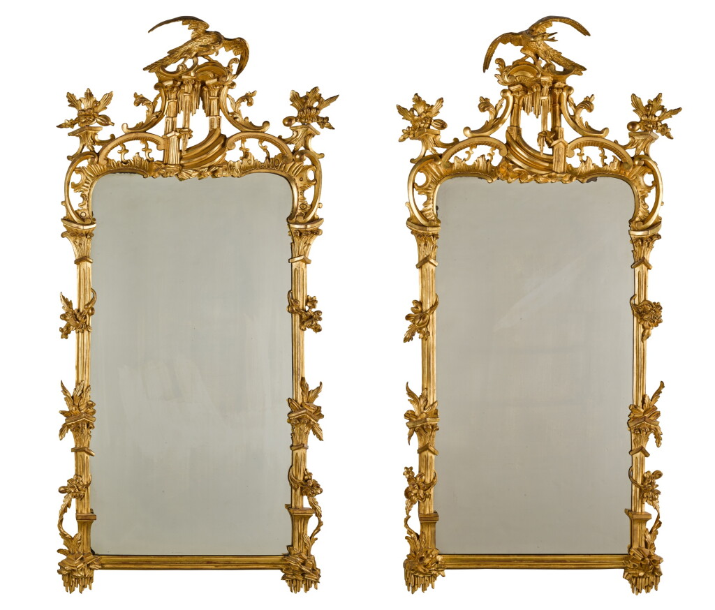 View full screen - View 1 of Lot 123. A pair of early George III wall mirrors, circa 1760, in the manner of Thomas Johnson.