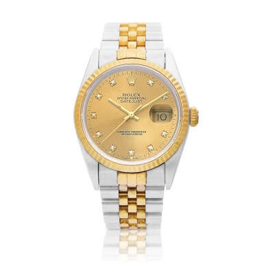 View full screen - View 1 of Lot 8138. DateJust, Reference 16233 | A yellow gold, stainless steel and diamond-set wristwatch with bracelet, Circa 1994 | 勞力士 | Date Just 型號16233 | 黃金及精鋼鑲鑽石鏈帶腕錶,約1994年製.