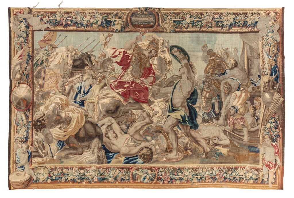 View full screen - View 1 of Lot 14. A Flemish classical tapestry, Brussels, Alexander the Great wounded in the thigh at the Battle of Issus from the series 'History of Alexander the Great', after the drawings by Jacob Jordaens, circa 1650, attributed to Jan Leyniers' workshop | Tapisserie, Bruxelles, Alexandre Le Grand blessé lors de la bataille d'Issos, tirée de l'histoire d'Alexandre le Grand, d'après les dessins de Jacob Jordaens, vers 1650, attribuée à l'atelier de Jan Leyniers.