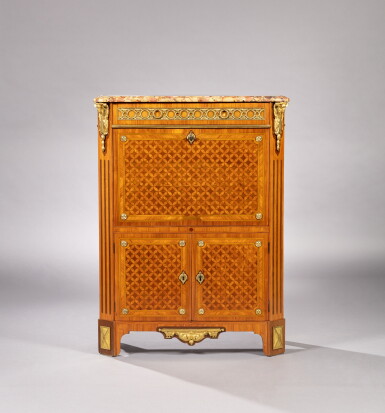 View full screen - View 1 of Lot 32. A Louis XVI amaranth, tulipwood and satinwood marquetry with gilt-bronze mounts secrétaire à abattant, stamped by Dautriche | Secrétaire à abattant en marqueterie d'amarante, de bois de rose et de satiné et monture de bronze doré, d'époque Louis XVI, vers 1780, estampille de Dautriche.
