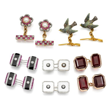 View full screen - View 1 of Lot 211. Five pairs of enamel, gem set and diamond cufflinks.