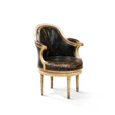 View full screen - View 1 of Lot 111. A Louis XVI cream relacquered wood revolving desk armchair, circa 1780, stamped by Henri Jacob.