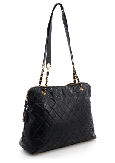 View full screen - View 1 of Lot 115. CHANEL | BLACK QUILT LEATHER AND GOLD-TONE METAL SHOULDER BAG .