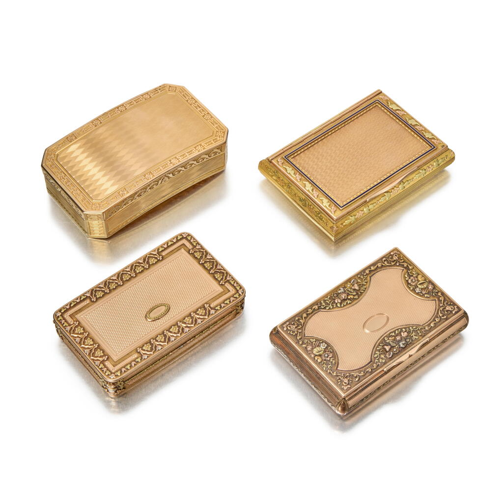 View full screen - View 1 of Lot 430. A Group of Four Varicolor Gold and Enamel Snuff Boxes, Hanau and Geneva, Early 19th Century.