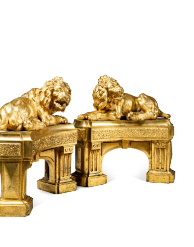 View full screen - View 1 of Lot 24. A pair of Louis XV gilt-bronze fire dogs, attributed to Philippe Caffieri, after a drawing by Jean-Louis Prieur | Paire de chenets au lion en bronze doré, fin de l'époque Louis XV, attribuée au bronzier Philippe Caffieri, d'après un dessin de Jean-Louis Prieur.