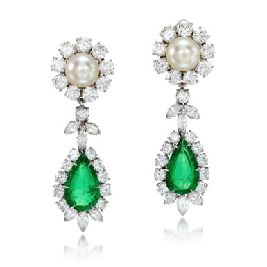 View full screen - View 1 of Lot 92. Emerald, cultured pearl and diamond ear clips.
