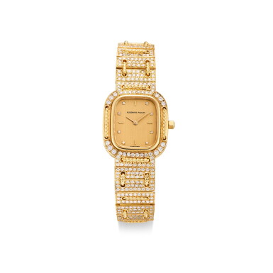 View full screen - View 1 of Lot 114. AUDEMARS PIGUET | A YELLOW GOLD AND DIAMOND-SET BRACELET WATCH, CIRCA 1990.