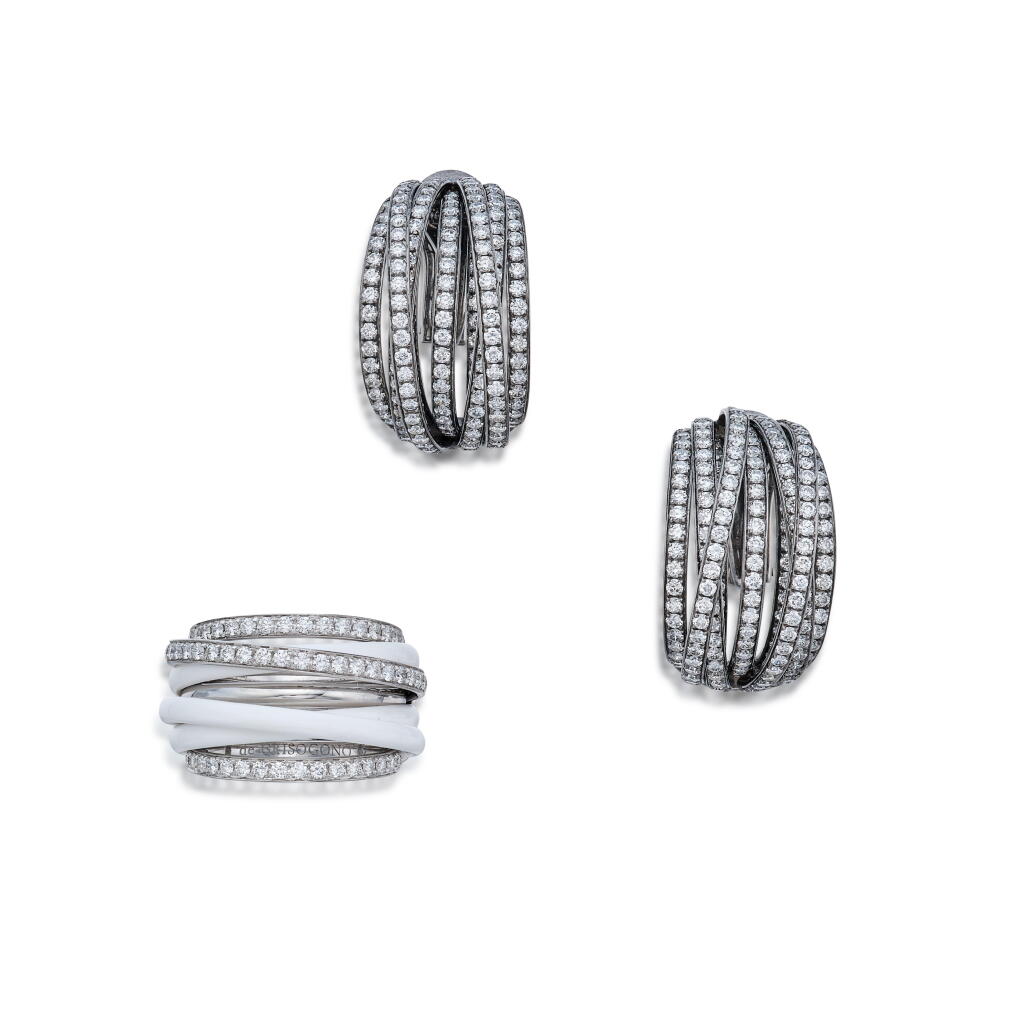 View full screen - View 1 of Lot 167. Ceramic and Diamond 'Allegra' Ring and Pair of Diamond 'Allegra' Earclips.