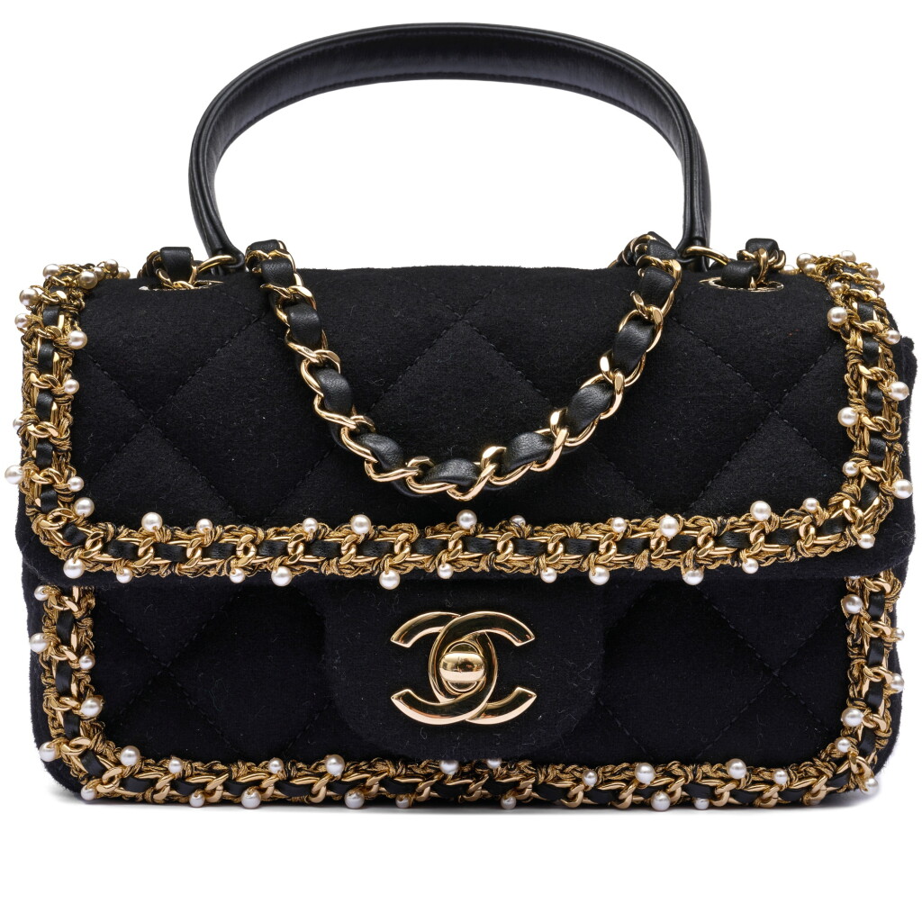 View full screen - View 1 of Lot 46. Black Wool Quilted Pearl Embroidered Small Flap Bag Palladium Hardware, 2021.