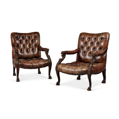View full screen - View 1 of Lot 110. A pair of Victorian mahogany and leather upholstered library armchairs, third quarter 19th century.