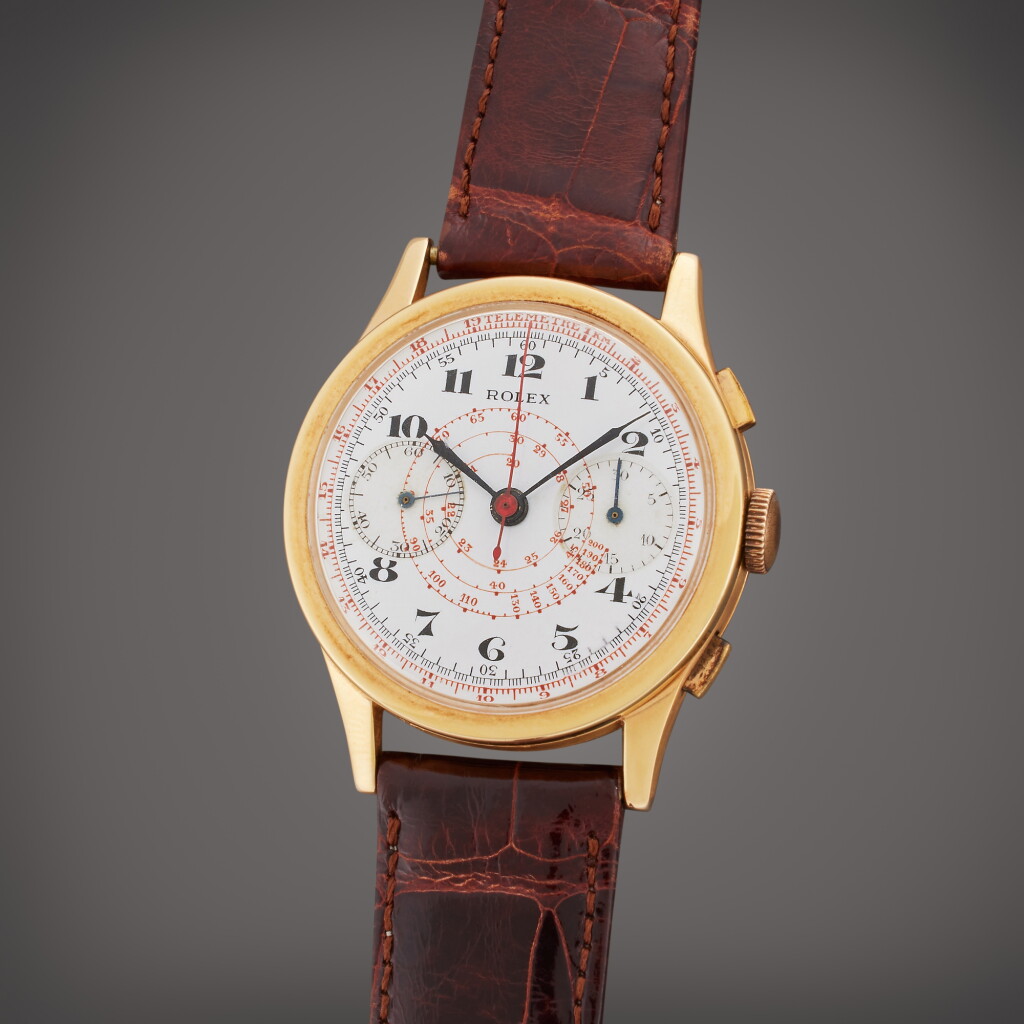 View full screen - View 1 of Lot 334. Reference 2508 | A yellow gold chronograph wristwatch with enamel dial, Circa 1940.