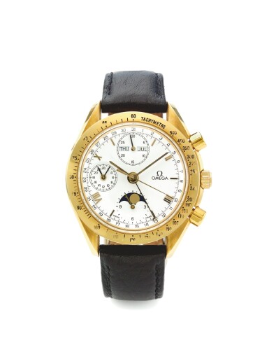 View full screen - View 1 of Lot 26. OMEGA | SPEEDMASTER, A YELLOW GOLD AUTOMATIC TRIPLE CALENDAR CHRONOGRAPH WRISTWATCH WITH MOON PHASES AND 24 HOUR INDICATION CIRCA 1975.