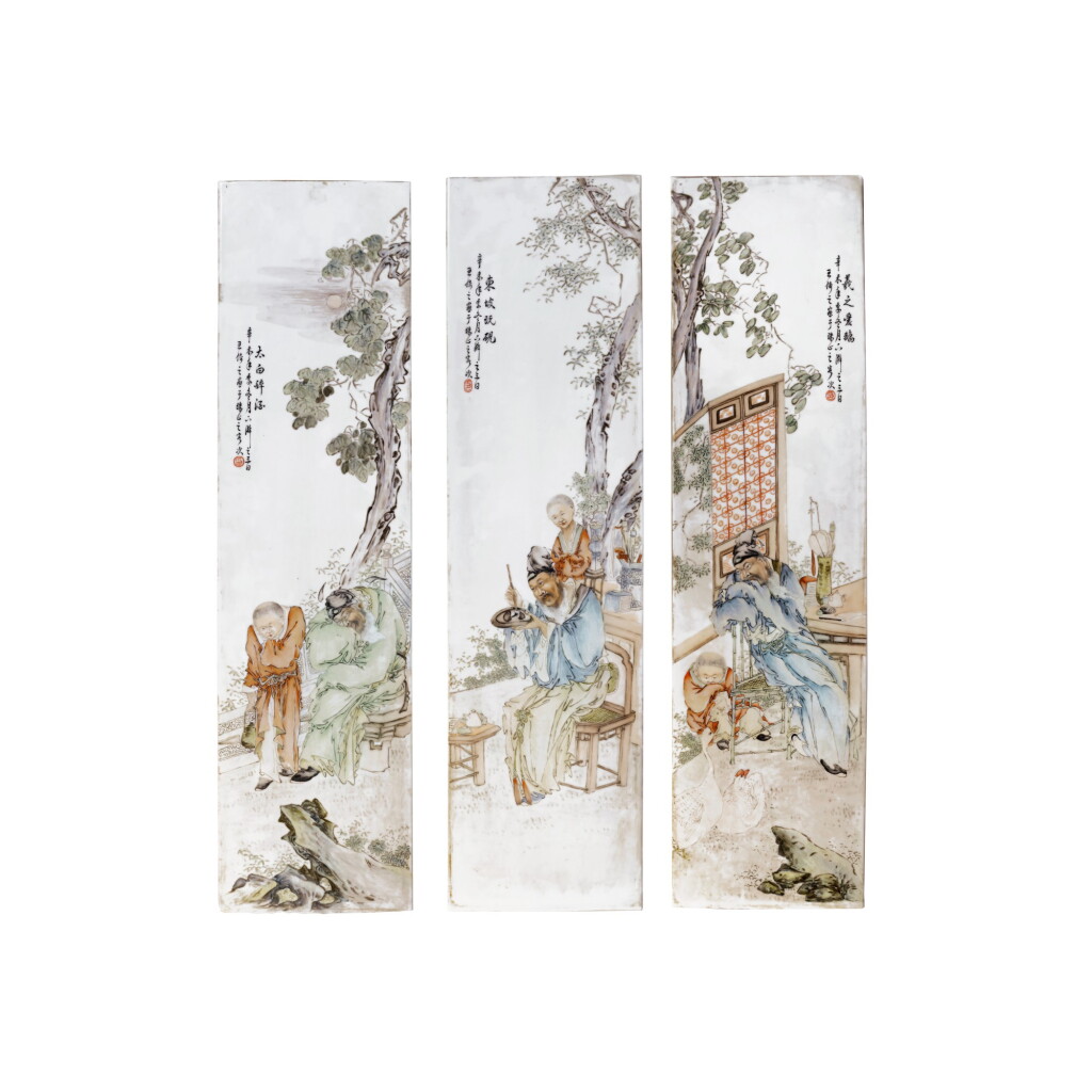 View full screen - View 1 of Lot 618. Three famille-rose 'figural' plaques, signed Wang Qi, 20th century | 二十世紀 粉彩人物圖瓷板三件 王琦 (款).