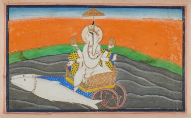 View full screen - View 1 of Lot 513. The Goddess Ganga Seated in a Golden Chariot Pulled by Leaping Carp, Pahari / Kangra style, mid 19th century.