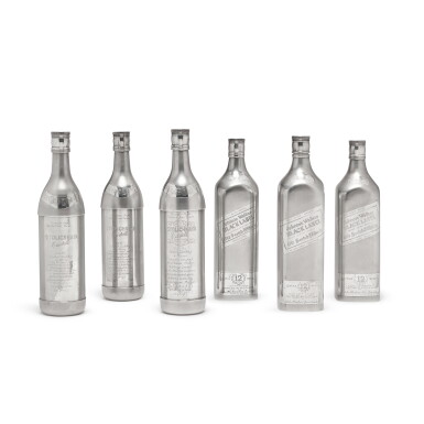 View full screen - View 1 of Lot 1052. A Group of Six Silver Liquor Bottles, Modern.