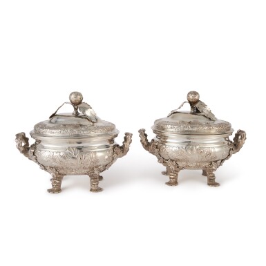 View full screen - View 1 of Lot 58. A Pair of Unusual George III Silver Marine-Themed Sauce Tureens and Covers, William Pitts, London, 1810.