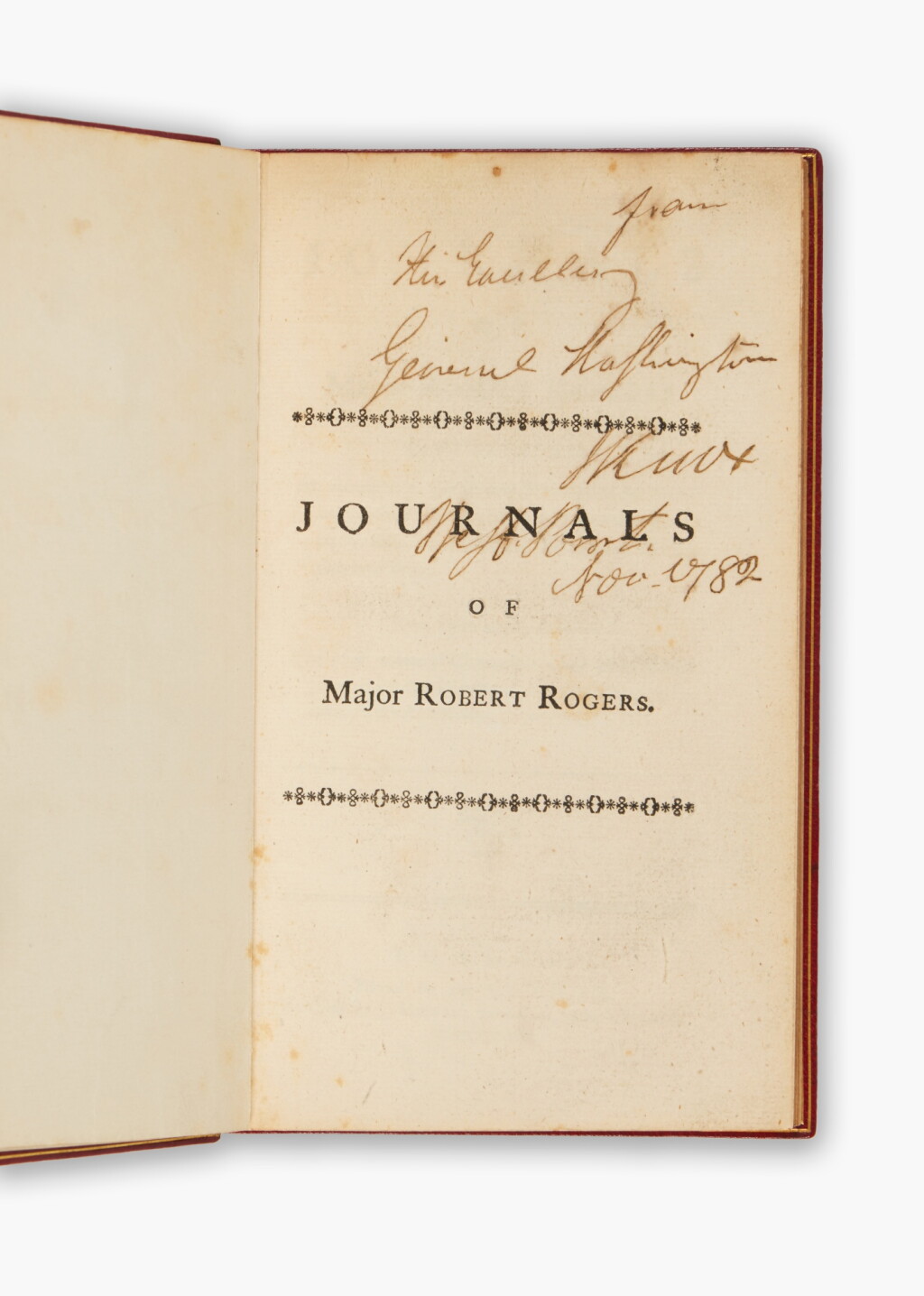 View full screen - View 1 of Lot 512. Washington, George | An extraordinary pair of books from George Washington’s field library, marking the conjunction of three of the most consequential military figures of eighteenth-century America: Robert Rogers, George Washington, and Henry Knox.