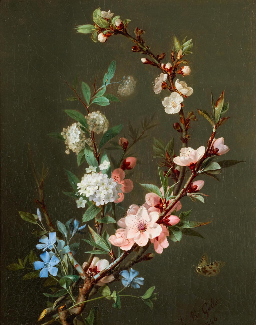 View full screen - View 1 of Lot 86. JEAN-BAPTISTE GALLET | A still life with branches of cherry blossom, periwinkle and viburnum together with a butterfly.