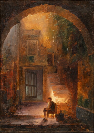 View full screen - View 1 of Lot 902. A man seated by a staircase in a courtyard | Homme au pied d'un escalier dans une cour.