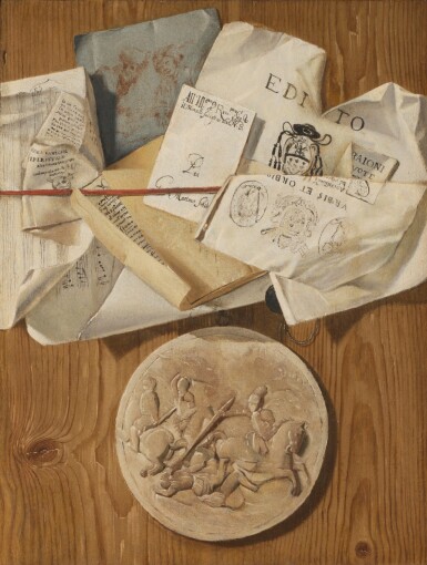 View full screen - View 1 of Lot 126. A trompe l'œil with letters and a medallion .