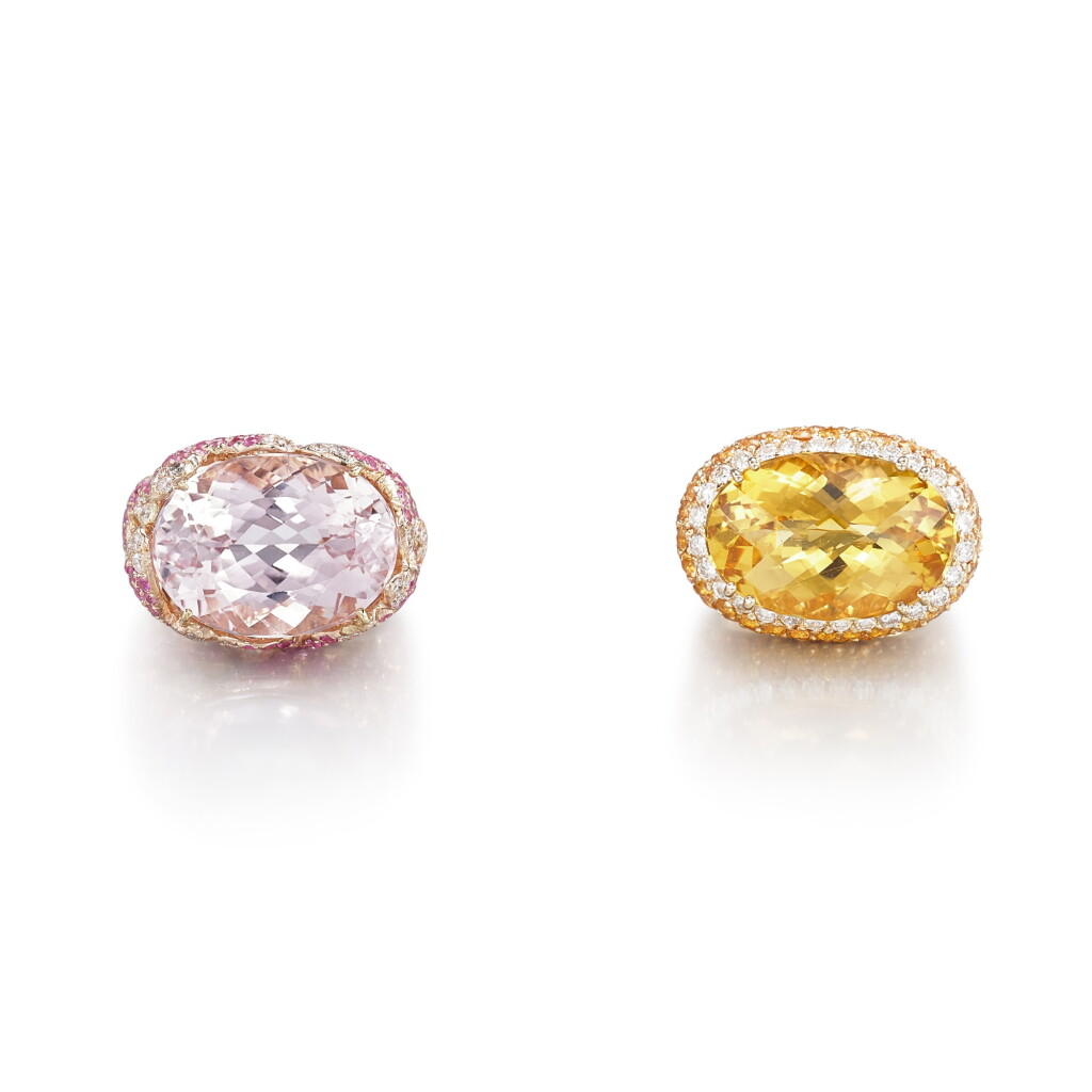 View full screen - View 1 of Lot 515. Kunzite, Pink Sapphire and Diamond Ring; and Yellow Beryl, Yellow Sapphire and Diamond Ring | Adler | 紫鋰輝石 配 粉紅色剛玉 及 鑽石 戒指; 及 黃色綠柱石 配 黃色剛玉 及 鑽石 戒指.