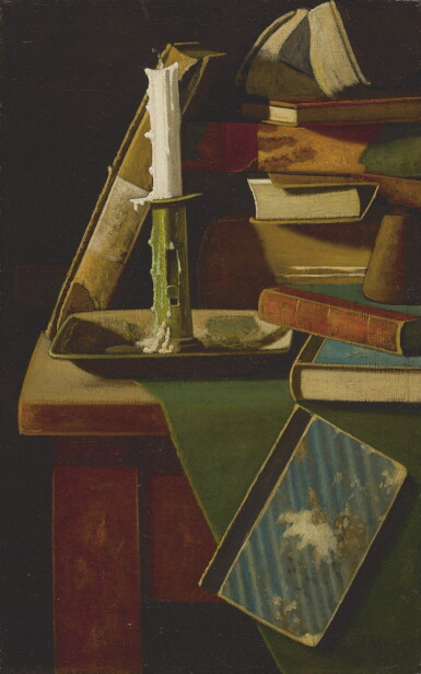 View full screen - View 1 of Lot 77. JOHN FREDERICK PETO | FORGOTTEN FRIENDS: CANDLESTICK AND BOOKS ON TABLE.