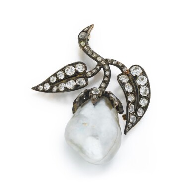 View full screen - View 1 of Lot 1069. A baroque natural pearl and diamond brooch, late 19th century.