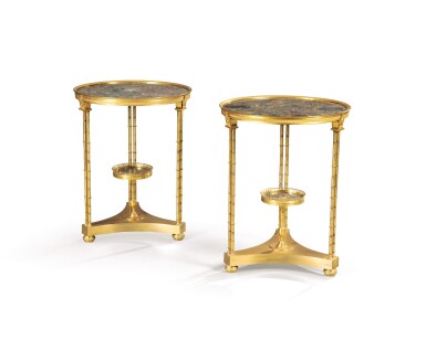View full screen - View 1 of Lot 402. A pair of Louis XVI style gilt-metal gueridons, late 19th/early 20th century.