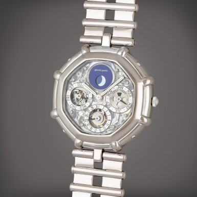 View full screen - View 1 of Lot 286. Octagonal, Reference G2539.4 | A white gold semi-skeletonised perpetual calendar wristwatch with day, date, lapis lazuli moon phases and leap year indication | Circa 1995.