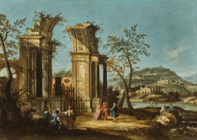 View full screen - View 1 of Lot 65. Capriccio view of a ruined triumphal arch with figures by a lake.