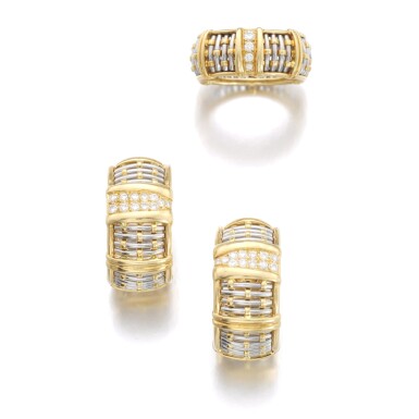 View full screen - View 1 of Lot 463. CARTIER | DIAMOND, GOLD AND STEEL DEMI-PARURE.