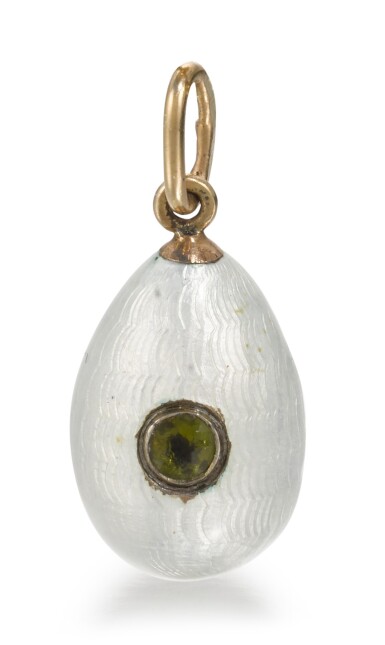View full screen - View 1 of Lot 35. A Fabergé gold and guilloché enamel egg pendant, workmaster Feodor Afanasiev, St Petersburg, circa 1900.
