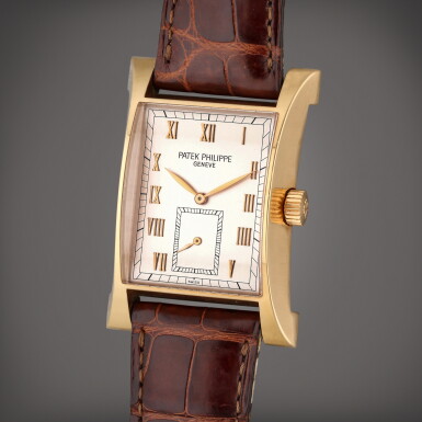 View full screen - View 1 of Lot 360. Reference 5500 Pagoda | A limited edition pink gold rectangular wristwatch, Made in 1997.