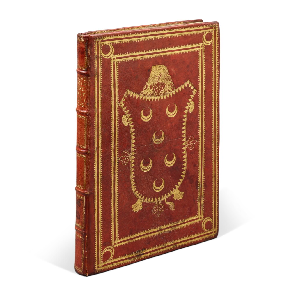 View full screen - View 1 of Lot 257. Castiglione, Il libro del cortegiano, Venice, Aldus, 1545, red morocco gilt with arms of Jacovacci, Colonna copy.