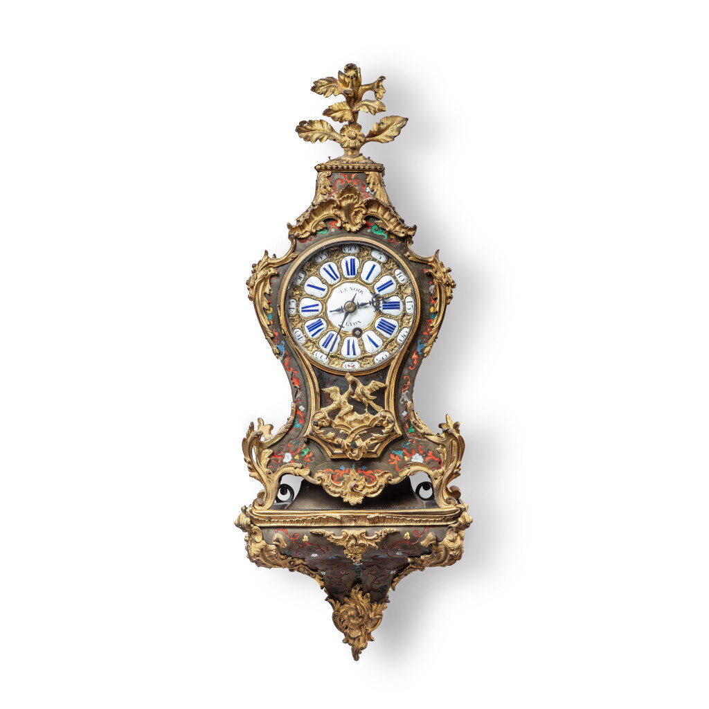 View full screen - View 1 of Lot 620. A Louis XV gilt-mounted stained horn and mother-of-pearl contra-boulle quarter repeating bracket timepiece, Le Noir, Lyon, circa 1735.