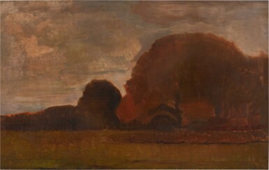 View full screen - View 1 of Lot 476. Field with Oak Trees at Dusk.