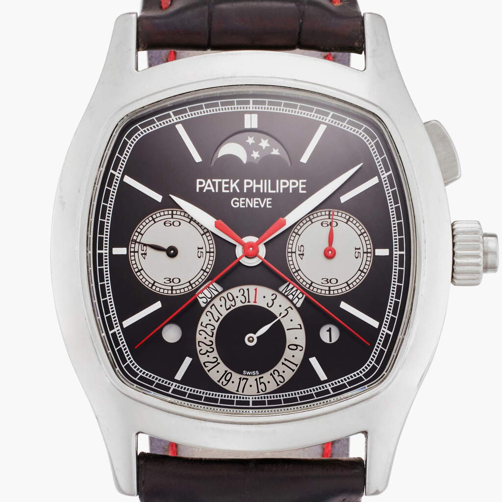 View full screen - View 1 of Lot 18. Reference 5951P-011 | Retailed by Tiffany & Co.: A platinum perpetual calendar monopusher split-seconds chronograph wristwatch with moon phases, day/night, and leap year indication, Circa 2014.