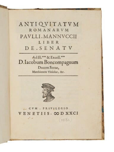 View full screen - View 1 of Lot 959. Manuzio, Antiquitatum Romanarum, Venice, Aldo II, 1581, nineteenth-century half vellum.