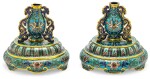 PAIRE DE BASES TRIPODES EN BRONZE DORÉ ET ÉMAUX CLOISONNÉS DYNASTIE QING, XVIIIE SIÈCLE | 清十八世紀 掐絲琺琅蓮紋底座一對 | A pair of gilt-bronze and cloisonné enamel tripod stands, Qing Dynasty, 18th century