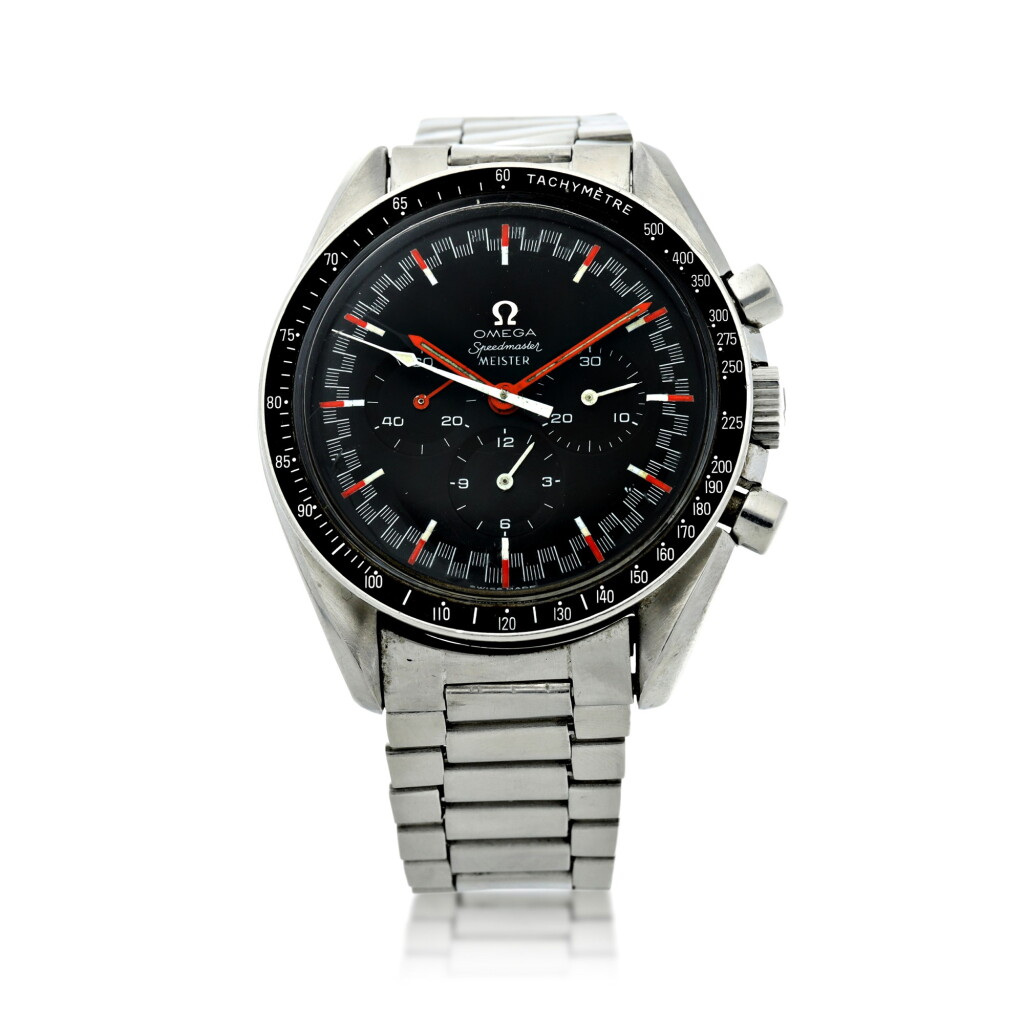 View full screen - View 1 of Lot 63. REFERENCE 145012 SPEEDMASTER 'RED RACING DIAL' RETAILED BY MEISTER: A STAINLESS STEEL CHRONOGRAPH WRISTWATCH WITH BRACELET, CIRCA 1967.