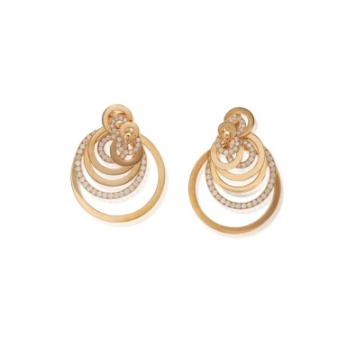View full screen - View 1 of Lot 503. de Grisogono | Pair of Gold and Diamond 'Gypsy' Pendant-Earclips.