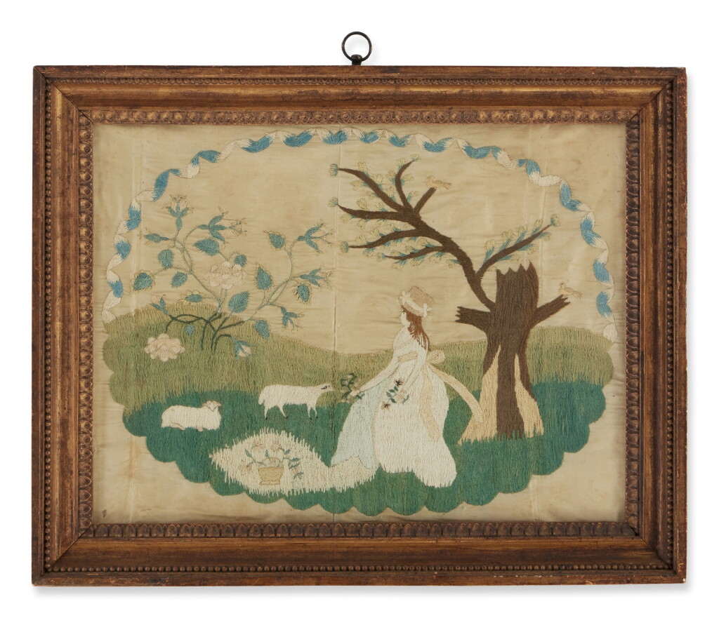 View full screen - View 1 of Lot 273. A Pictorial Needlework of a Lady with Sheep, Probably New York or Massachusetts, circa 1790.