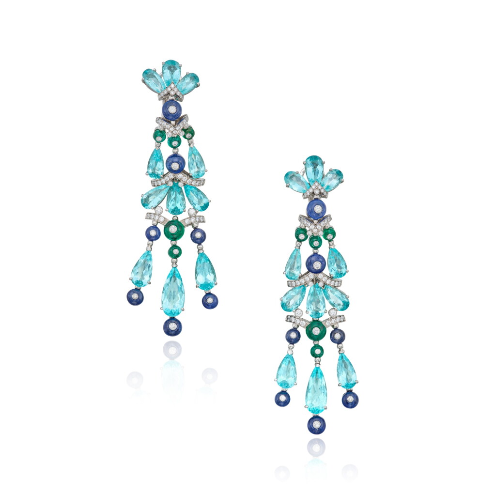 View full screen - View 1 of Lot 164. Pair of Paraíba Tourmaline, Sapphire, Emerald and Diamond Earclips.