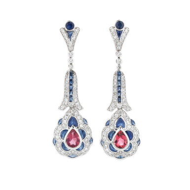 View full screen - View 1 of Lot 228. Paire de pendants d'oreille tourmalines, saphirs et diamants | Pair of tourmaline, sapphire and diamond pendent earrings.