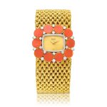 Reference 3656 N38 | A yellow gold, diamond and coral-set bracelet watch, Circa 1970 | 伯爵 | 型號3656 N38 | 黃金鑲鑽石及珊瑚腕錶,約1970年製
