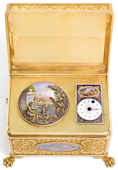 View full screen - View 1 of Lot 30. A GOLD AND ENAMEL AUTOMATON CASKET WITH TIMEPIECE, AUTOMATON AND MUSIC, 19TH CENTURY AND LATER.