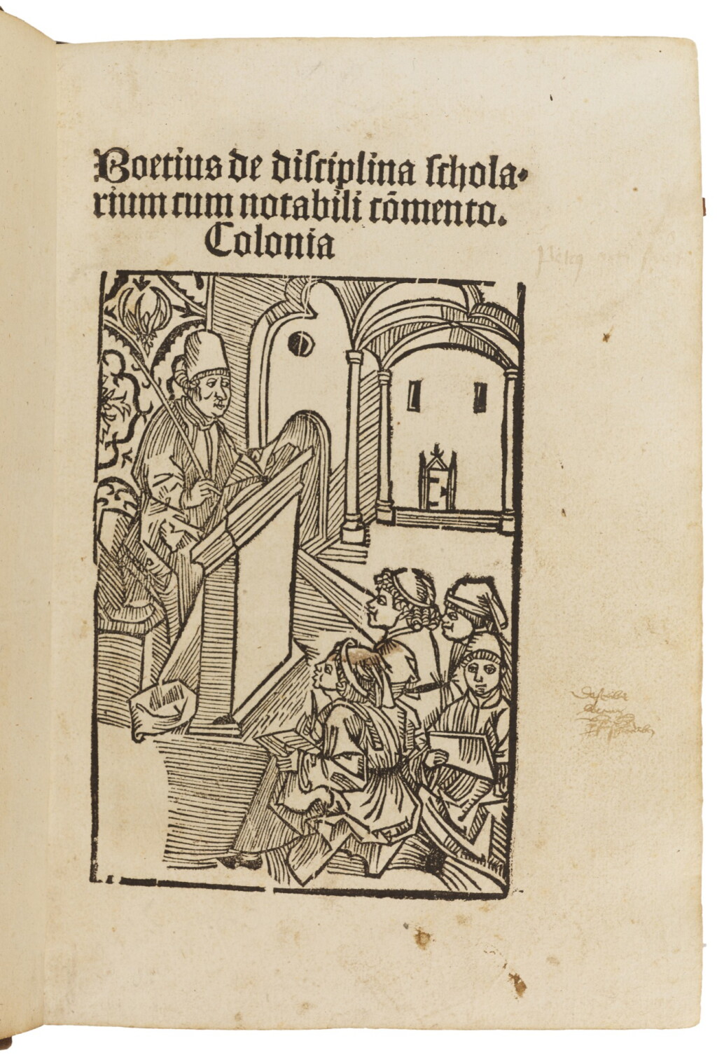 View full screen - View 1 of Lot 53. Boethius, De disciplina scholarum, Cologne, 1498, reused vellum boards.